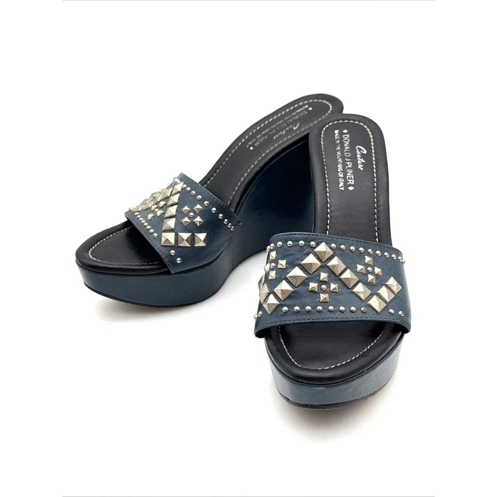 Vintage Donald J Pliner Studded Leather Wedge Sandals Italy 7M Y2K